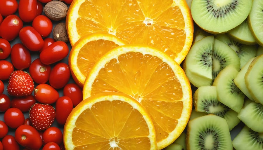 Arranged plate showing spinach, lentils, and citrus fruits demonstrating iron absorption food pairs