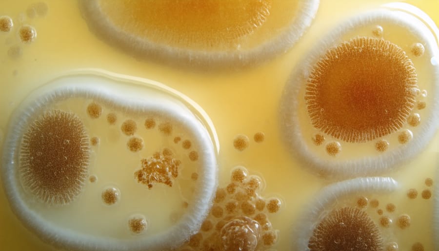 Translucent, disc-shaped SCOBY culture floating in amber-colored kombucha tea