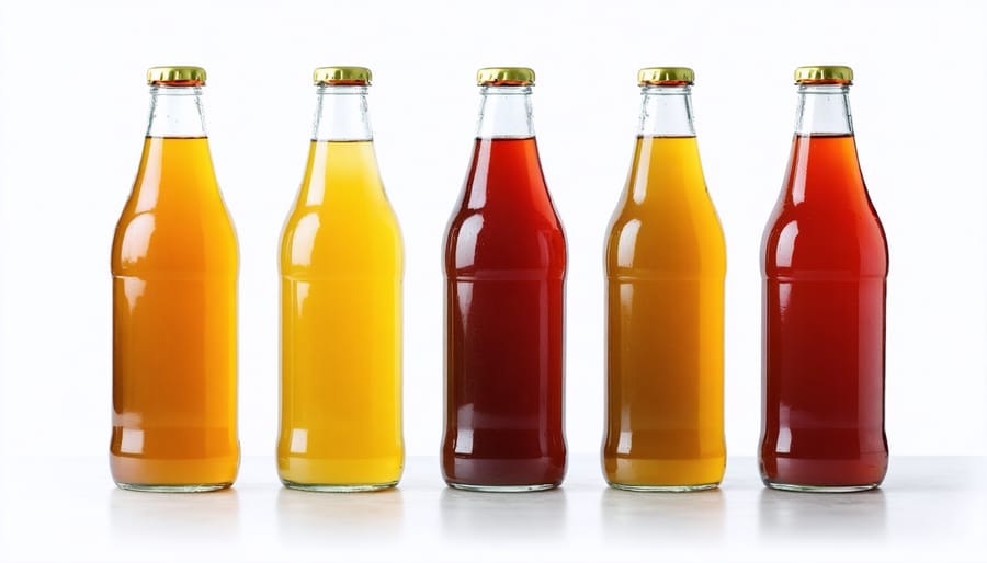 Collection of bottled kombucha drinks displaying various natural colors and ingredients
