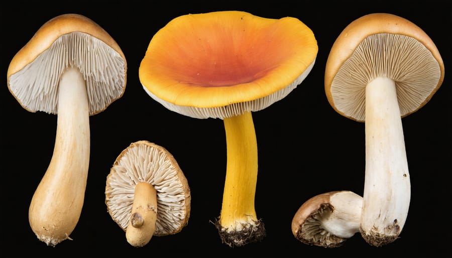 Assorted organic medicinal mushrooms arranged on wooden surface showing different varieties and textures
