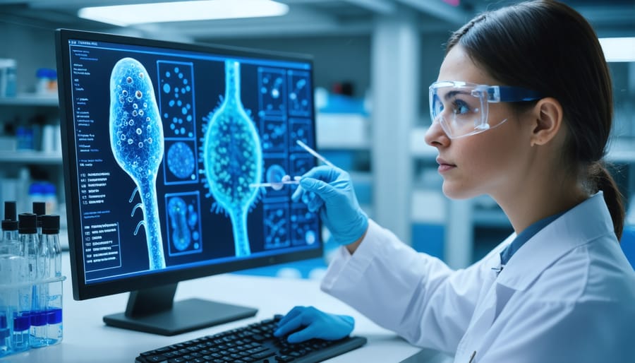 Medical professional reviewing gut microbiome test data on multiple monitors