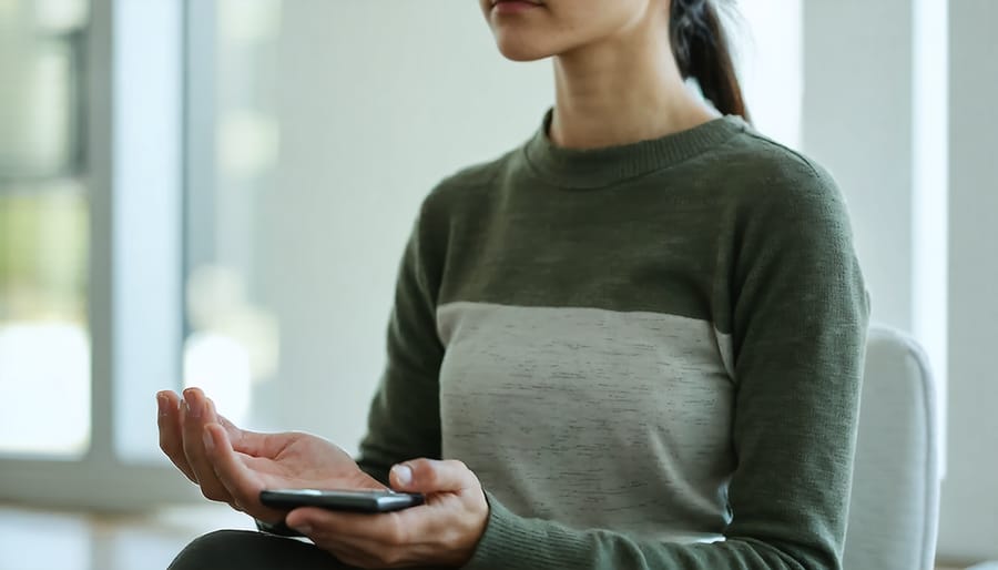 Individual using digital device with mindful posture and peaceful environment