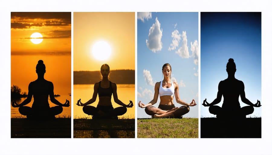 Grid of four images showing tai chi, yoga, qigong, and standing meditation poses