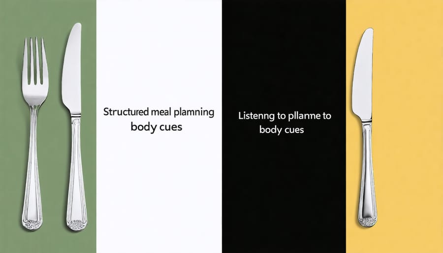 Side-by-side comparison of traditional diet culture versus intuitive eating approach