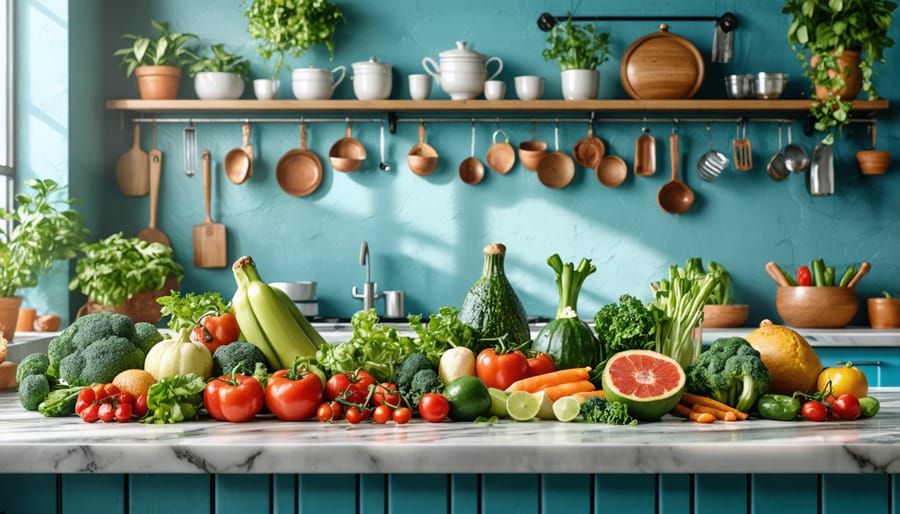 Contemporary kitchen setting showing preparation of both traditional Hispanic fasting dishes and modern healthy alternatives