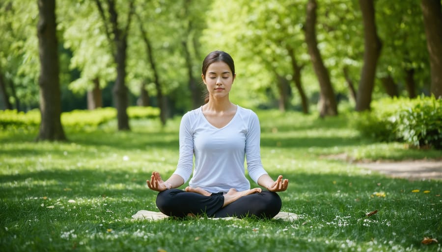 Individual meditating outdoors surrounded by trees and natural greenery