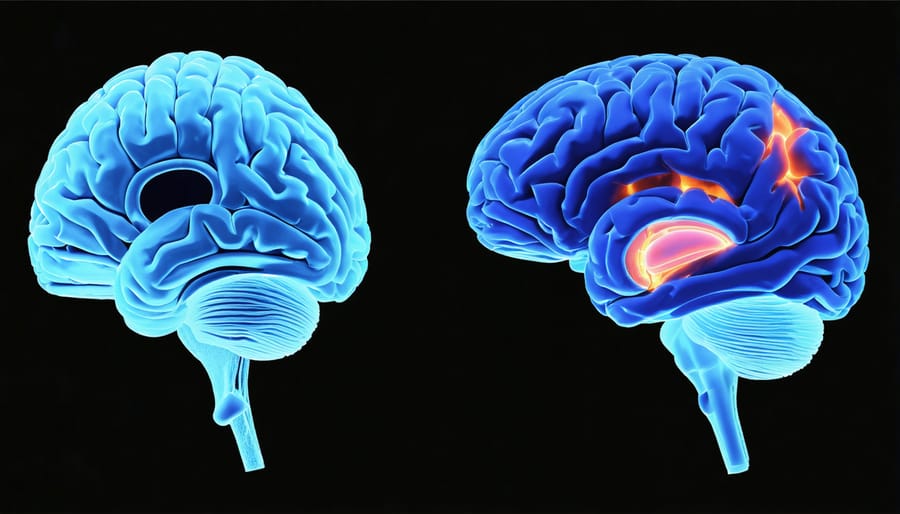 Medical illustration of a human brain with highlighted regions showing stress response to noise