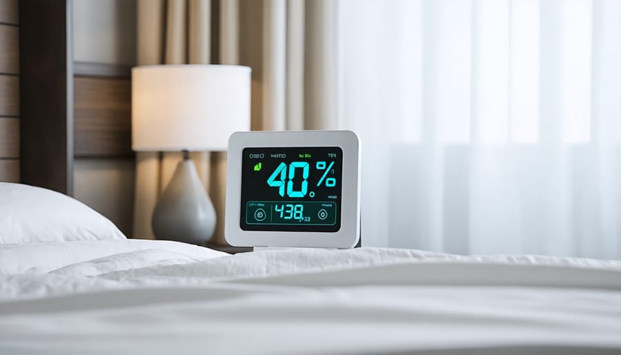 Digital hygrometer showing optimal bedroom humidity level of 40%