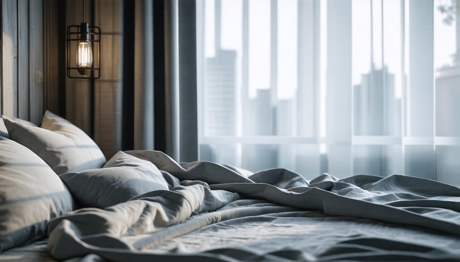 Peaceful bedroom setting with dim lights, blackout curtains, and comfortable bedding