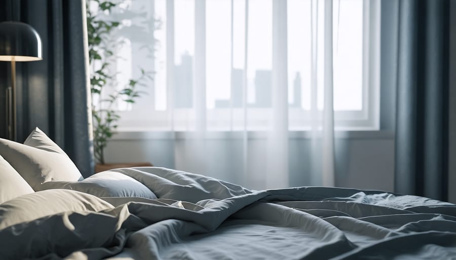 Well-designed bedroom showing optimal sleep environment with dark curtains, cool temperature setting, and clutter-free space