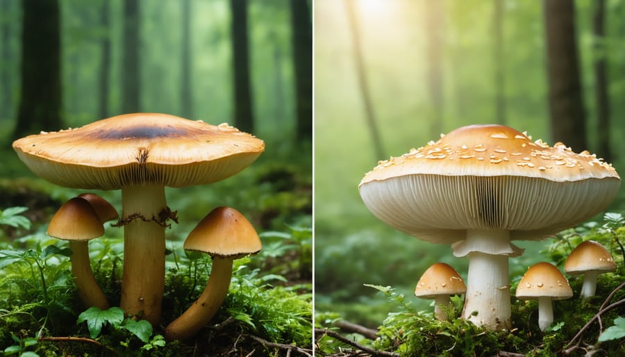 Split image showing organic mushrooms growing on natural substrate versus conventional mushrooms in artificial settings