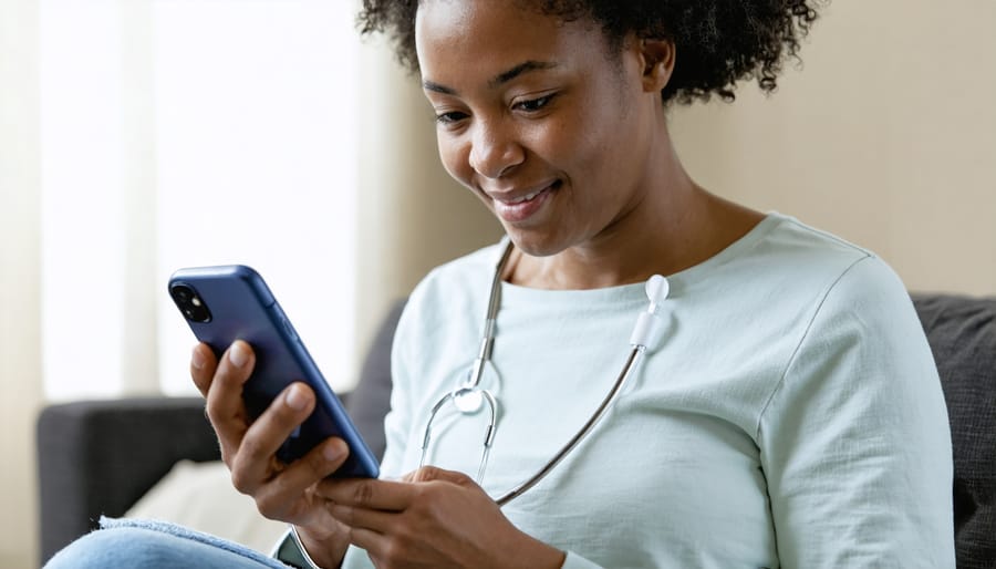 Patient using remote health monitoring devices including blood pressure monitor and smartwatch connected to telehealth app