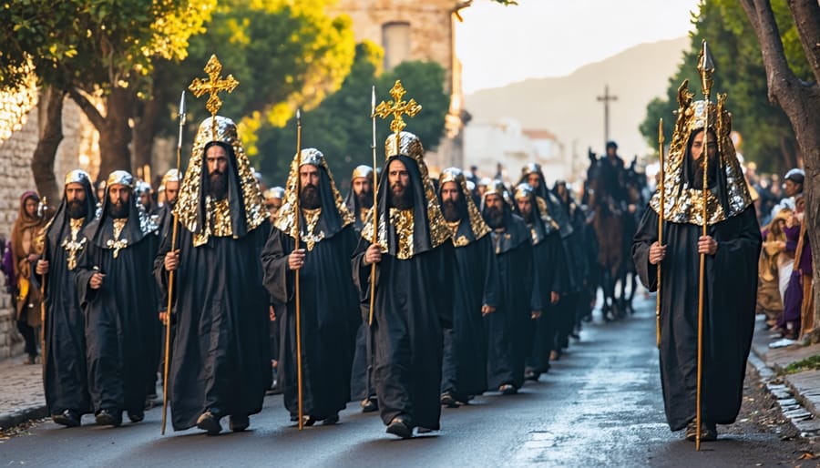 Catholic Holy Week procession showing people carrying crosses and religious artifacts during Semana Santa celebration