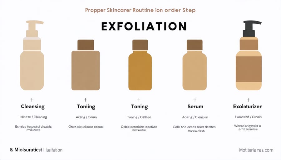 Step-by-step skincare routine diagram highlighting where exfoliation fits in the sequence