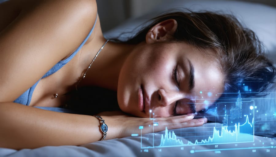 Woman sleeping wearing smart ring with visual representation of sleep tracking data