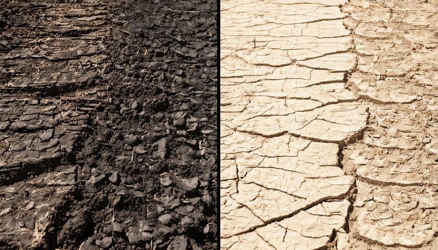 Side-by-side comparison of healthy dark soil and degraded light-colored soil
