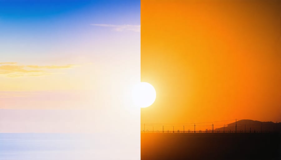 Contrasting images of sunrise and sunset representing time zone differences