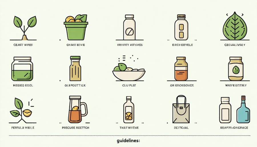 Visual representation of sustainable living practices including reusable containers, bags, and eco-friendly products