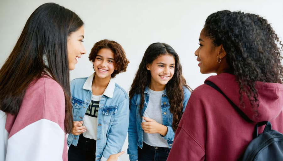 Multi-ethnic group of teens socializing, showing various gender expressions and personal styles