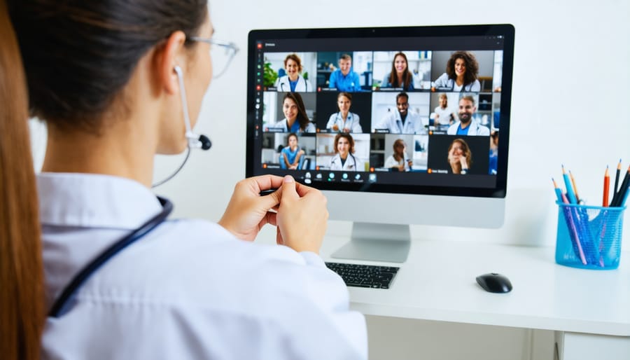 Healthcare provider using computer for video consultation with patient