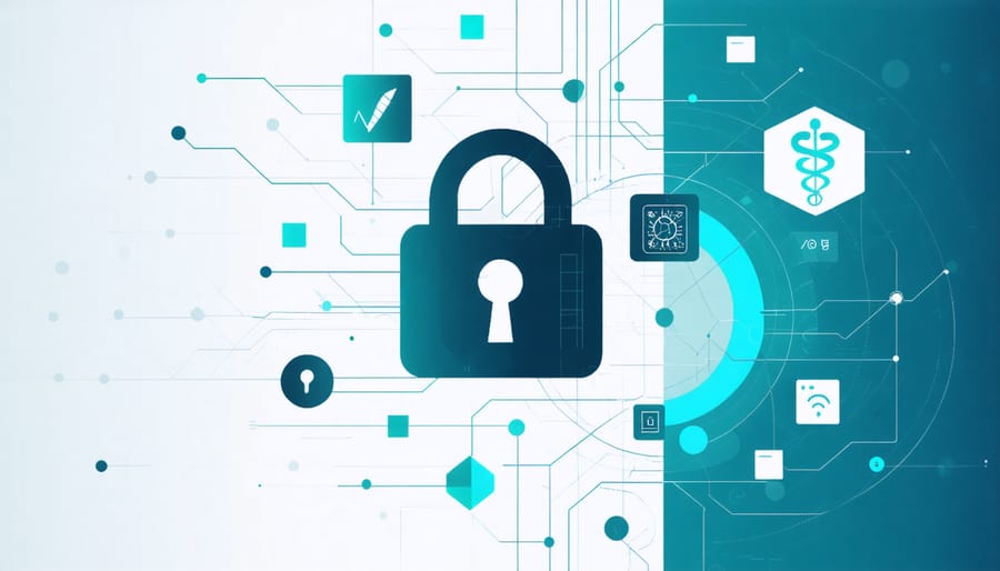 Digital medical data protection concept showing encrypted health information and security features