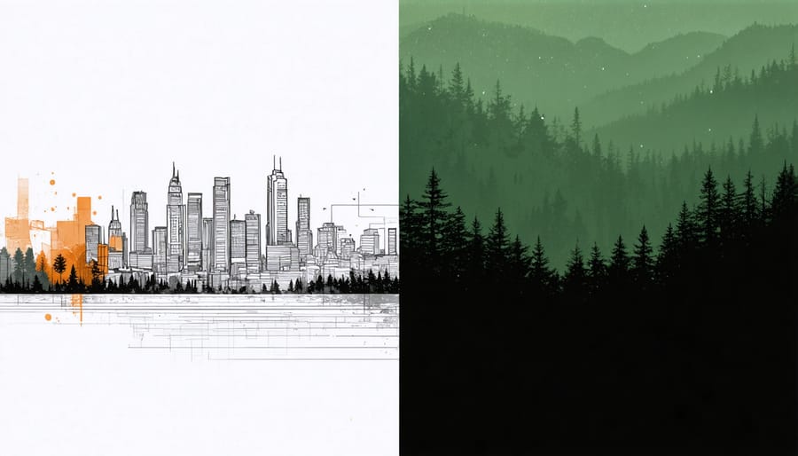 Side-by-side comparison of a busy city environment and a serene forest landscape