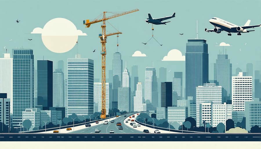 Cityscape depicting various sources of environmental noise including vehicles, construction equipment, and a low-flying airplane