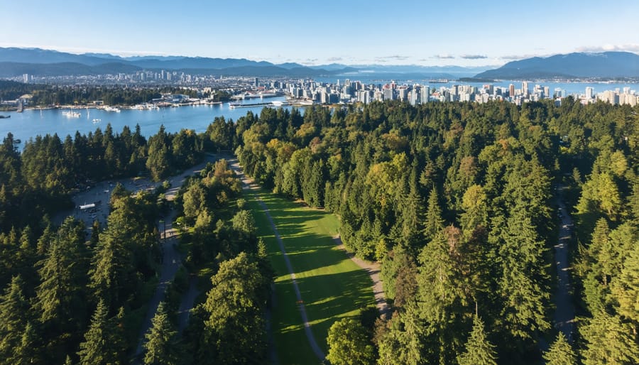 Bird's eye view of Stanley Park's green space integrated into Vancouver's urban landscape