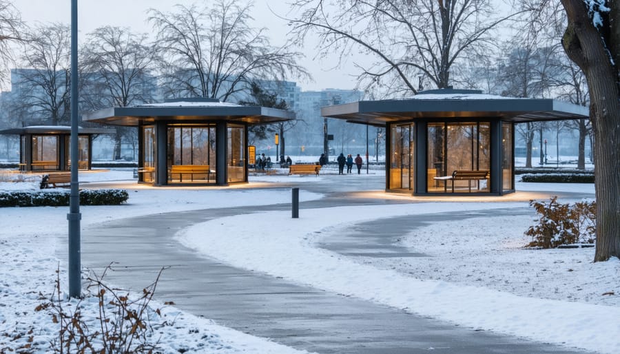Urban park designed for winter use with covered areas and maintained walking paths
