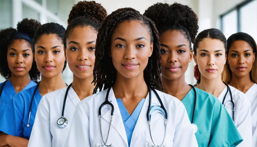 Team of women doctors and healthcare providers collaborating in a medical office