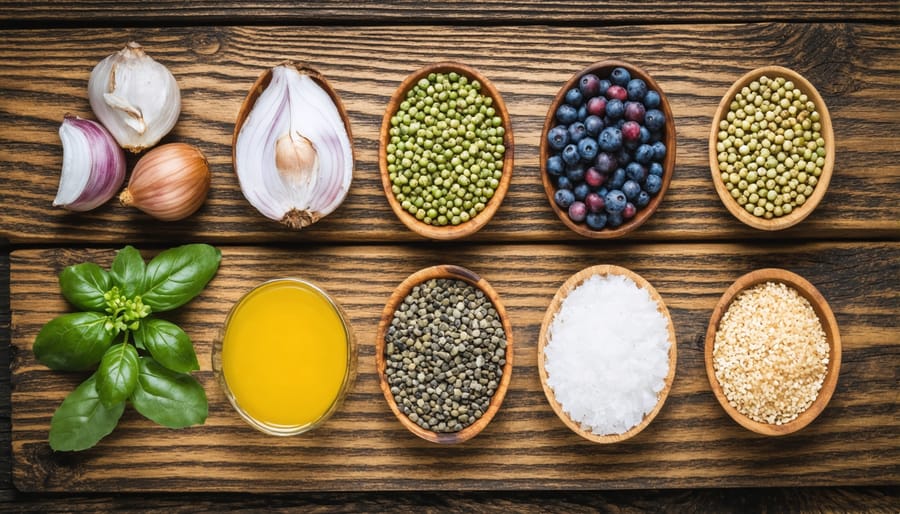 Assortment of foods high in zinc including oysters, pumpkin seeds, beef, and nuts