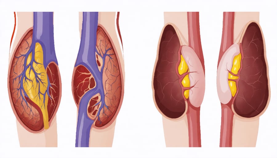 Medical illustration comparing a healthy artery with a plaque-filled artery showing heart disease progression