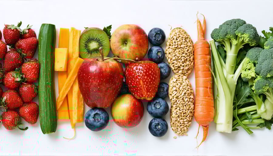 Fresh, nutritious foods arranged to show components of a balanced, healthy diet