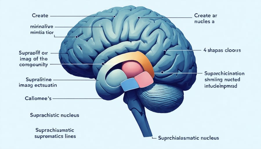 Cross-section diagram of human brain highlighting the suprachiasmatic nucleus and its connection to the optic nerve