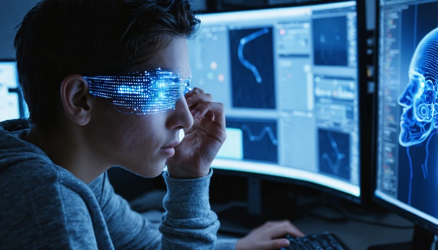 Individual suffering from eye fatigue while working with multiple digital devices