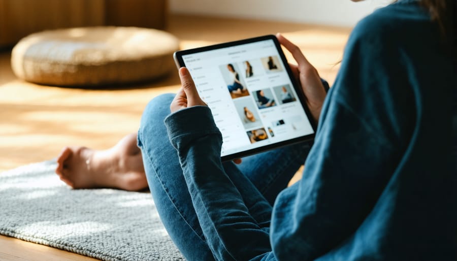 Person practicing mindfulness with digital meditation app in serene setting