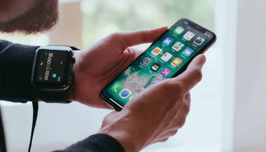 Individual interacting with health and wellness apps on their smartphone with a smartwatch visible