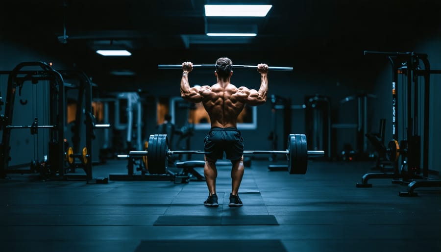 Athletic individual doing weight training exercises in an evening gym setting