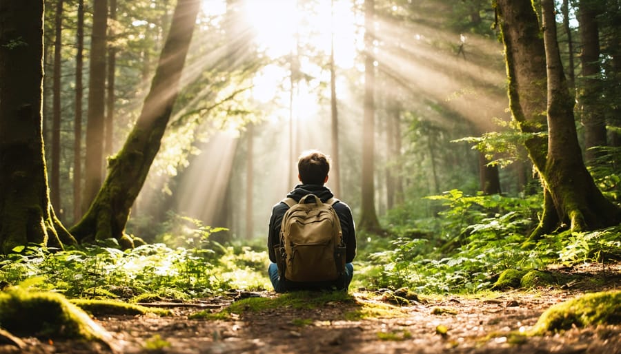Individual sitting peacefully in a lush forest surrounded by diverse plant species and natural light