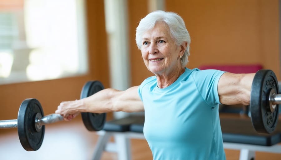 Elderly person confidently performing a supported squat exercise for daily functional strength