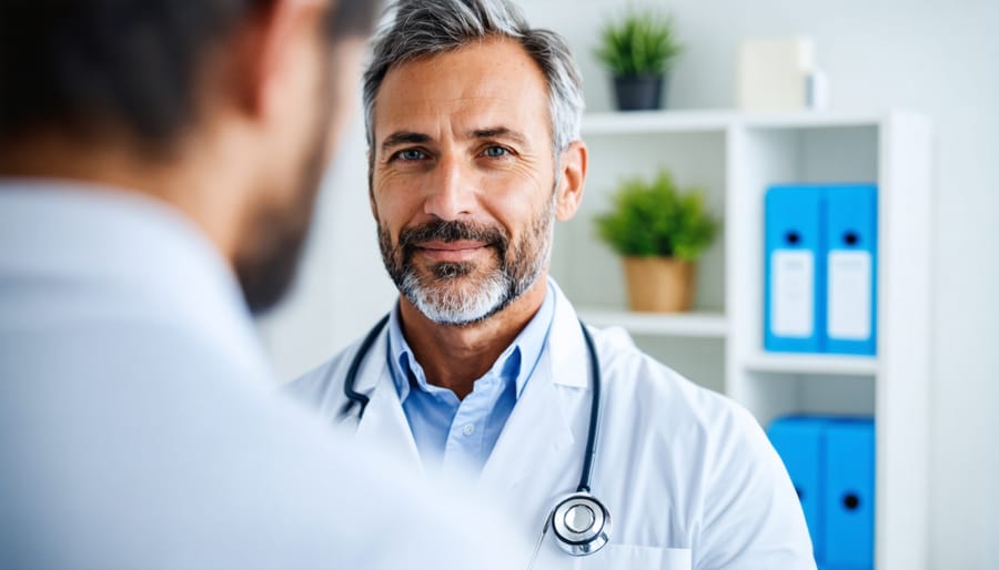 Male patient discussing health concerns with doctor in medical office setting