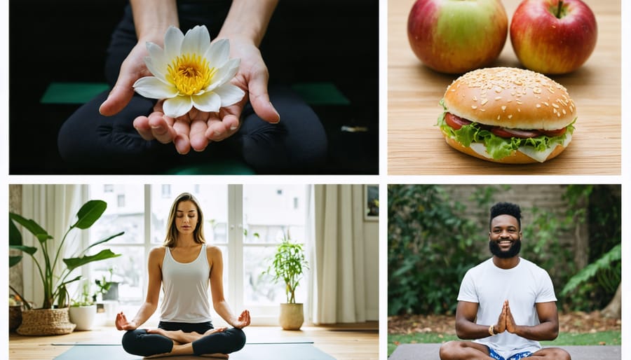 Four-panel image displaying different aspects of holistic stress management: exercise, nutrition, meditation, and social connection