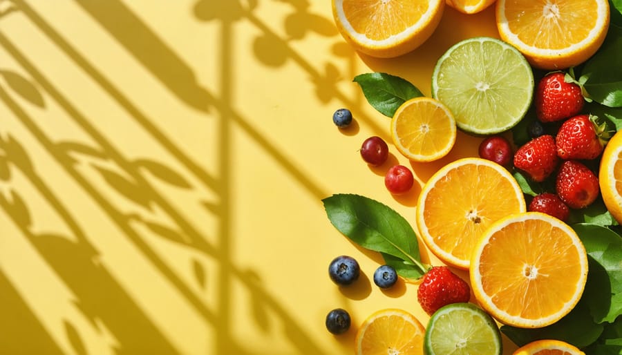 Fresh fruits and vegetables high in immune-boosting vitamins C and D