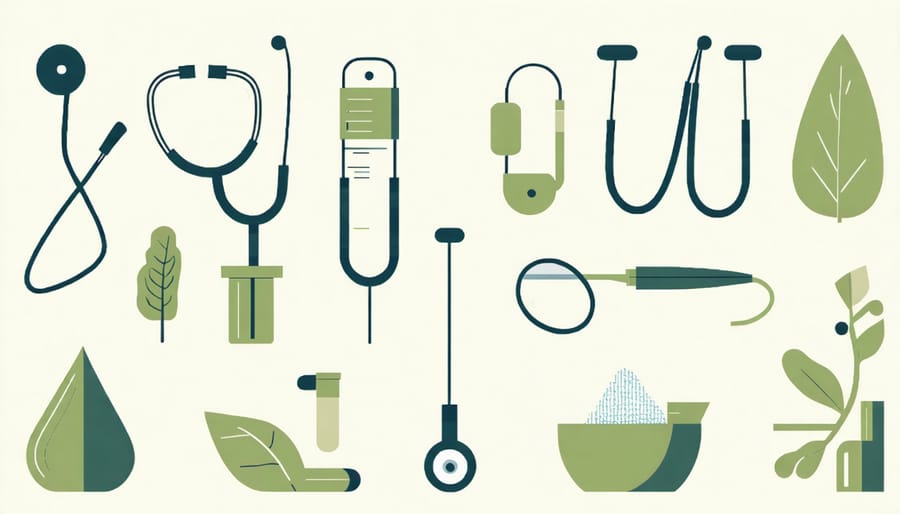 Medical stethoscope and prescription pad next to herbal remedies and meditation crystals, symbolizing the integration of conventional and alternative medicine