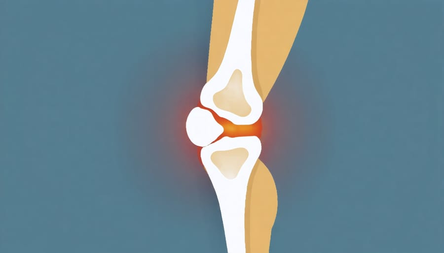 Medical illustration showing the internal structure of a knee joint with labels for common injury points