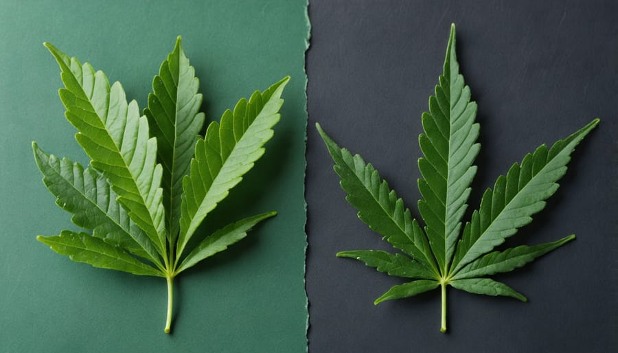 Fresh green tea leaves next to cannabis leaves showing the natural origins of L-theanine and CBD