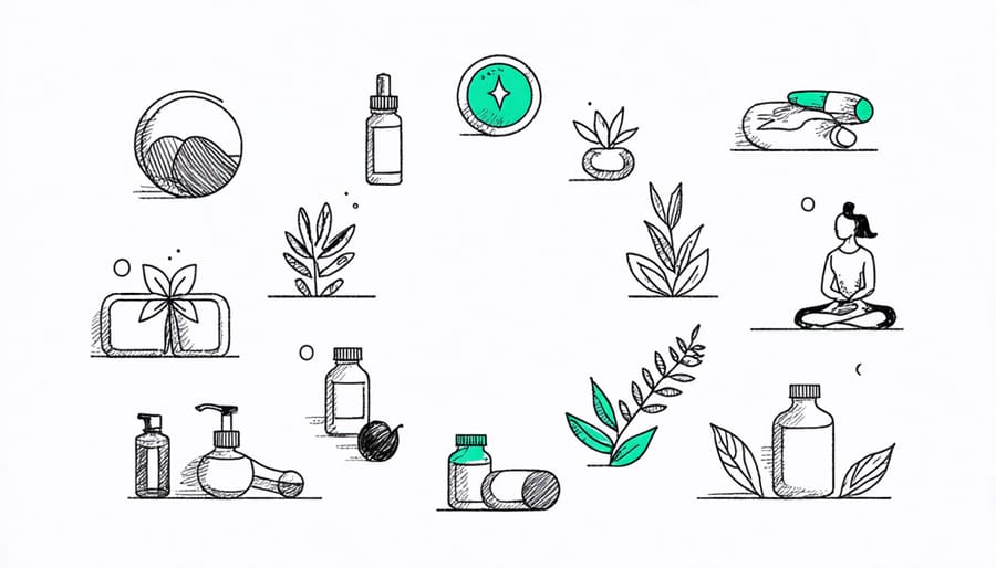 Circular infographic showing interconnected elements of healthy lifestyle: nutritious food, exercise equipment, sleep aids, and stress-relief tools