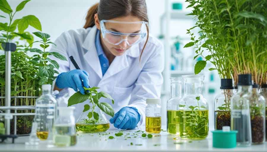 Researchers analyzing plant samples for pharmaceutical properties in a modern laboratory