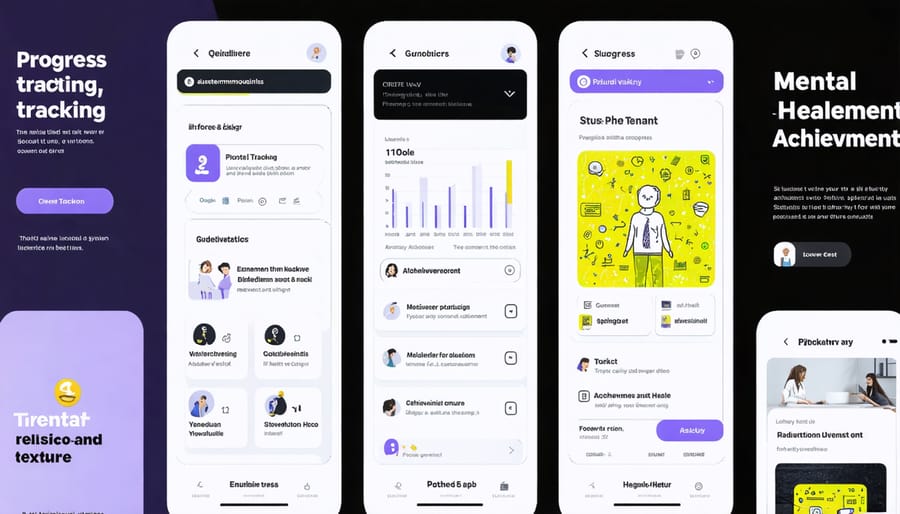 User interface of mental health apps displaying achievement badges and progress charts
