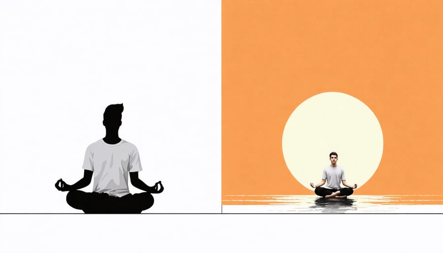 Digital mindfulness application interface alongside person meditating with phone nearby